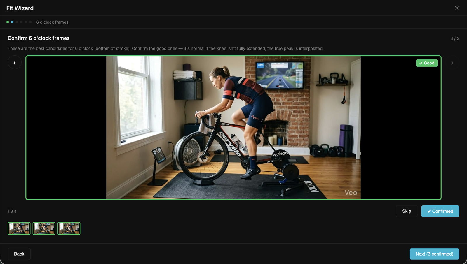 Fit Wizard modal — candidate 6 o'clock frame highlighted, filmstrip thumbnails below, Confirmed badge