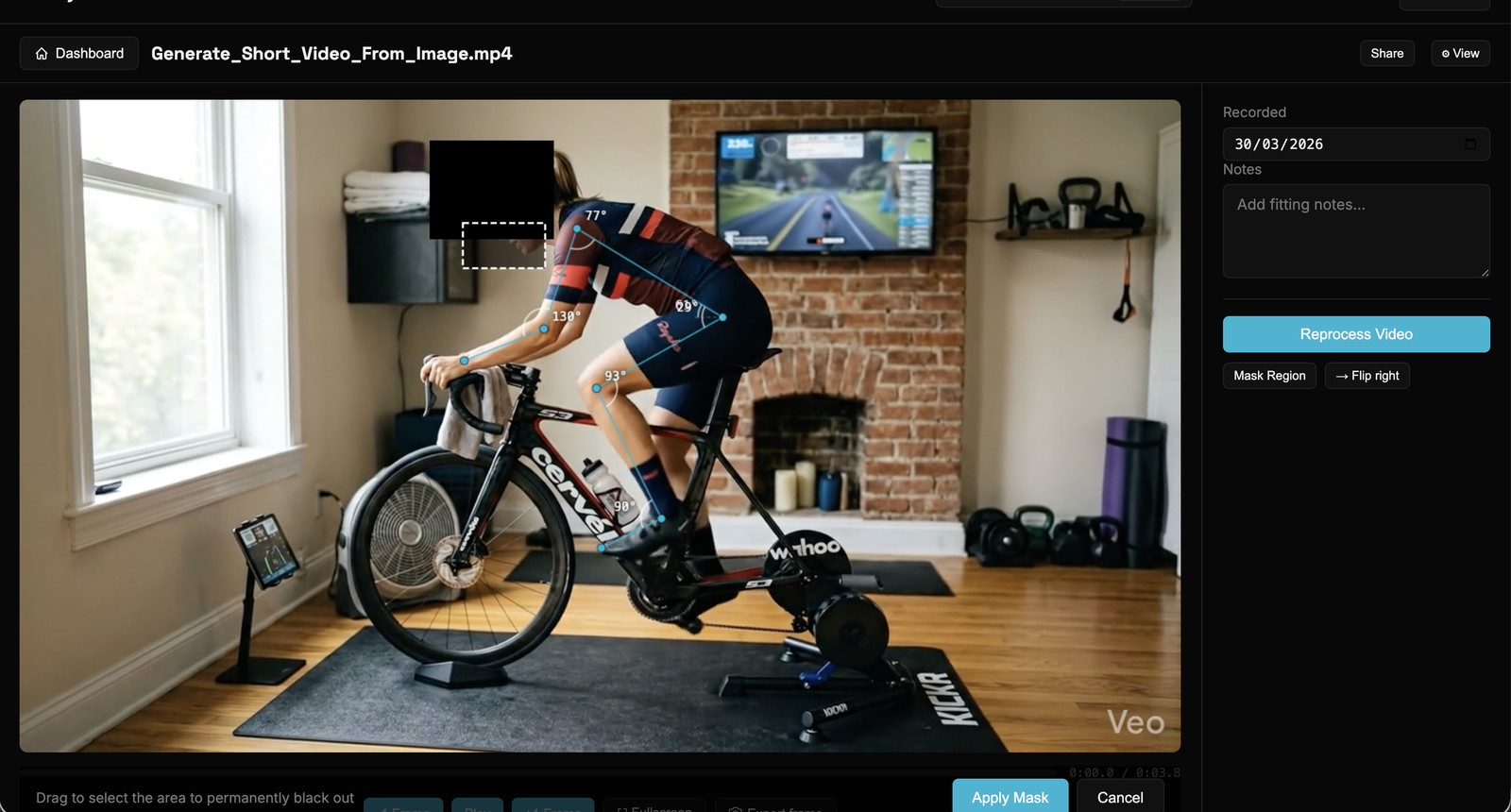 Analysis page in mask-region mode — a black rectangle covers the rider's face with a dashed selection box, Apply Mask and Cancel buttons at the bottom