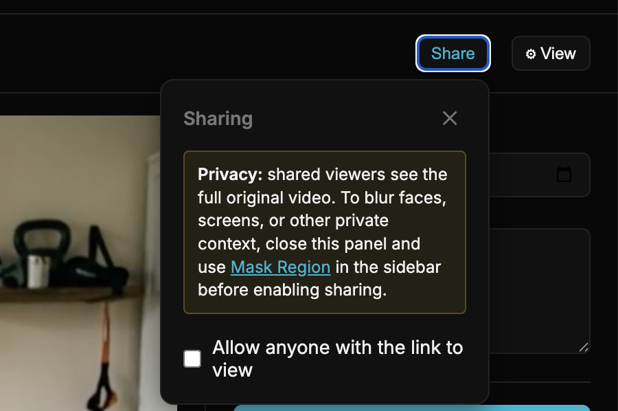 Share button in the toolbar opens a Sharing popover with a privacy note and 'Allow anyone with the link to view' toggle
